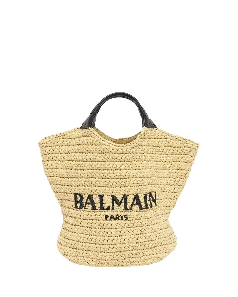 Balmain Cabas Mini Faux Raffia Top-Handle Bag