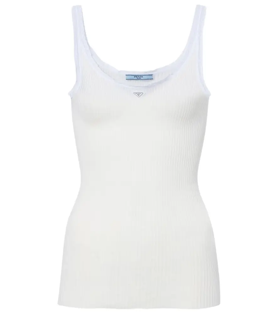 Prada Lace-trimmed ribbed-knit cotton tank top