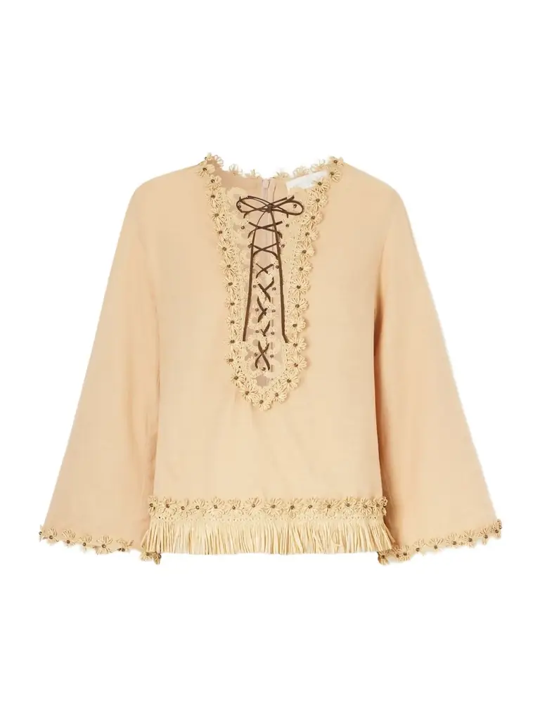 Zimmermann Mahon Leather And Raffia-trimmed Cotton Blouse