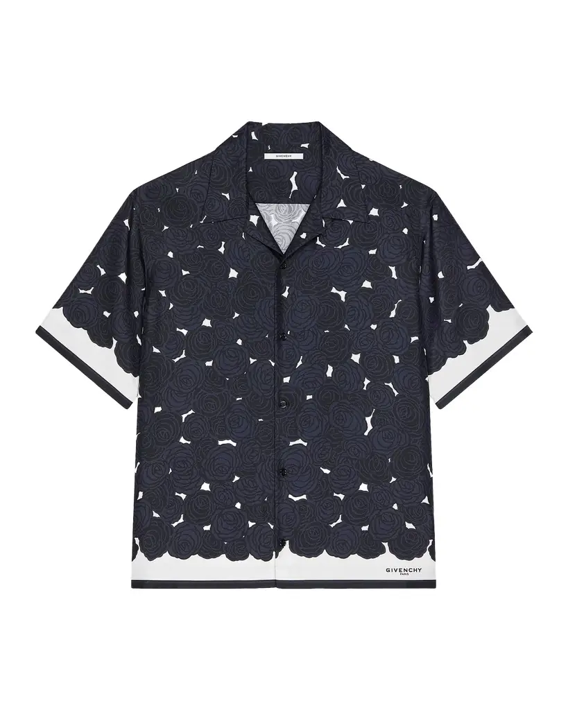 Givenchy Men 's Roses Boxy-Fit Silk Bowling Shirt