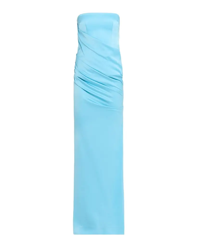 Alex Perry Strapless Asymmetric Draped Satin Column Gown