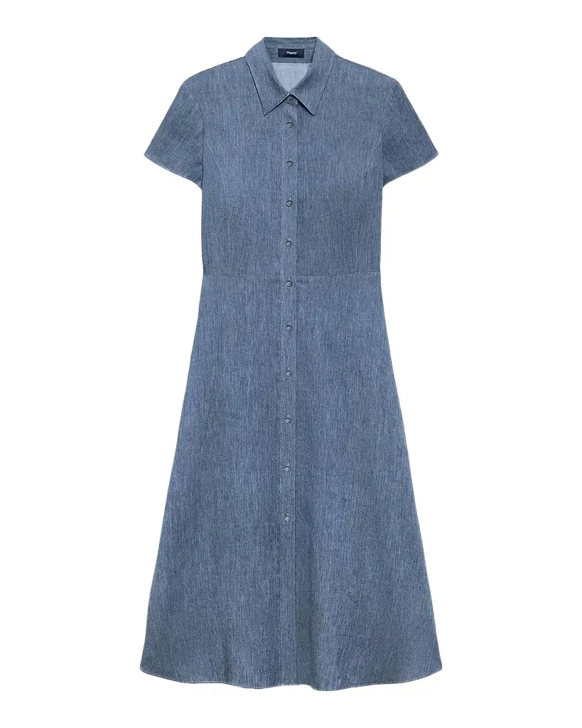 Theory Short-Sleeve Button-Front Linen-Blend Midi Dress