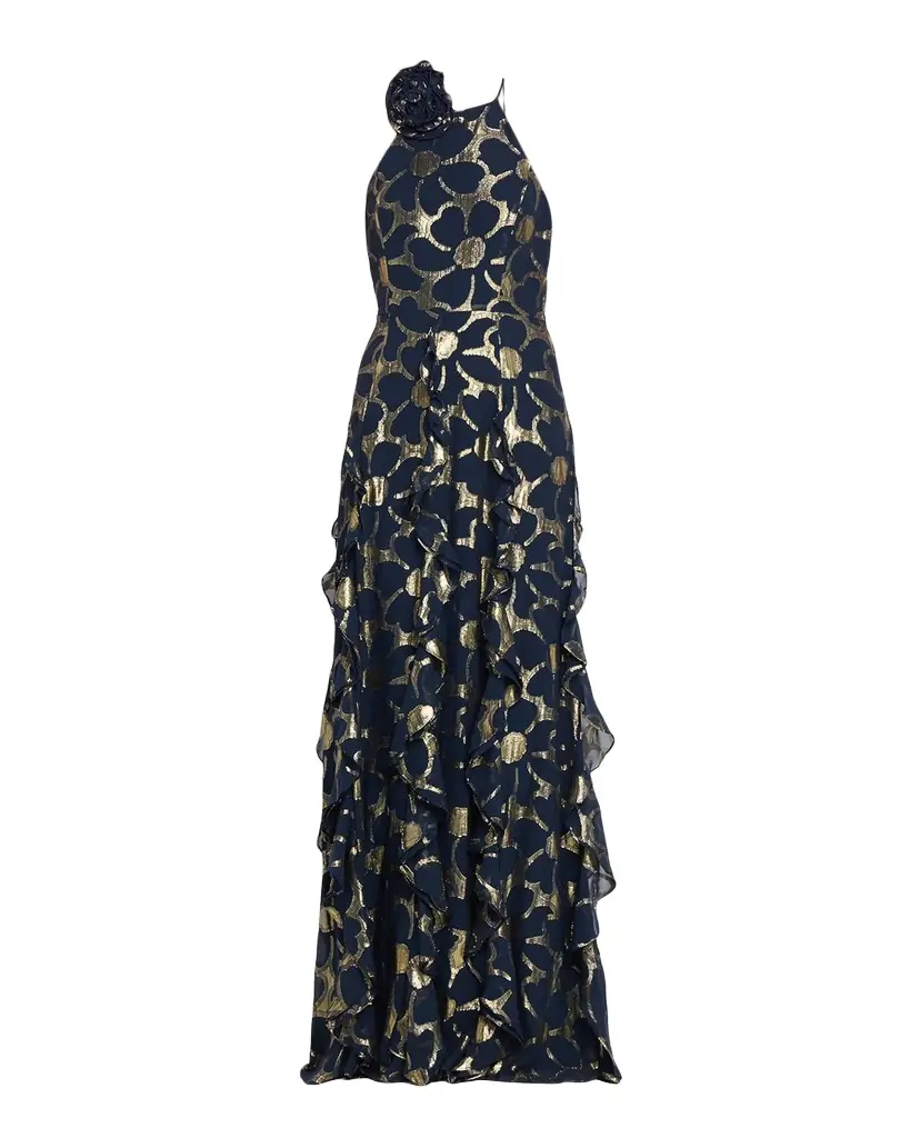 Ramy Brook Idella Ruffle-Trim Metallic Floral Halter Gown