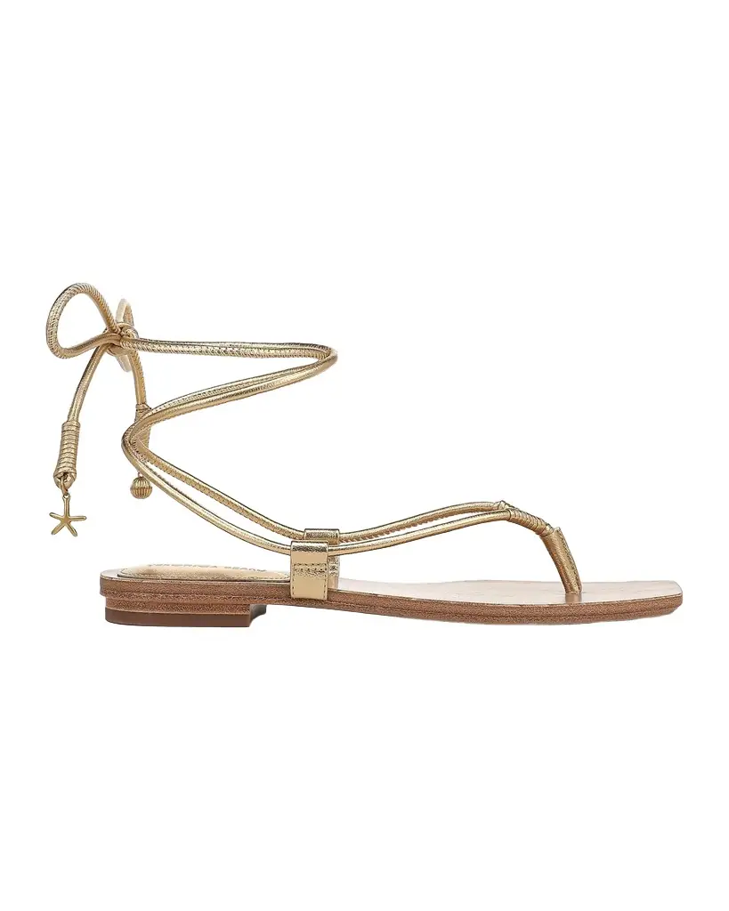 Veronica Beard Rosetta Metallic Leather Ankle-Wrap Flat Sandals