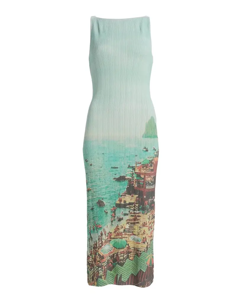 STAUD Bryn Seaside-Print Rib Knit Midi Dress