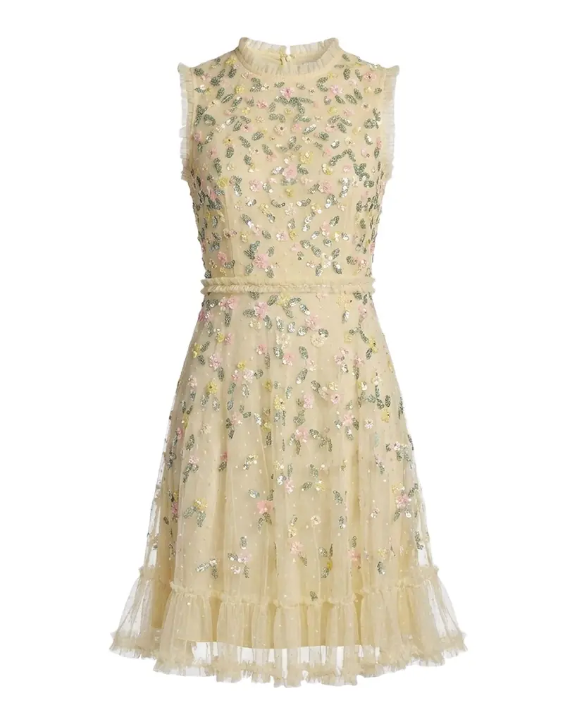 Mac Duggal Ruffle-Trim Floral Sequin Mesh Dress