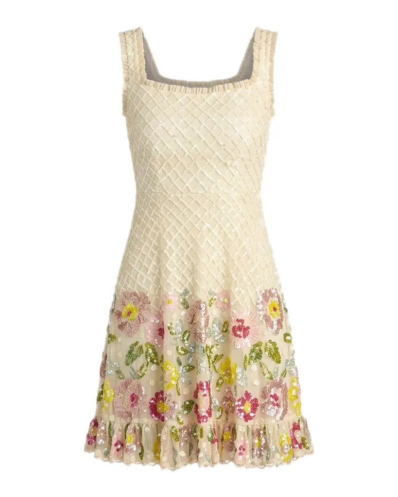Mac Duggal Ruffle-Trim Floral Sequin Mesh Mini Dress