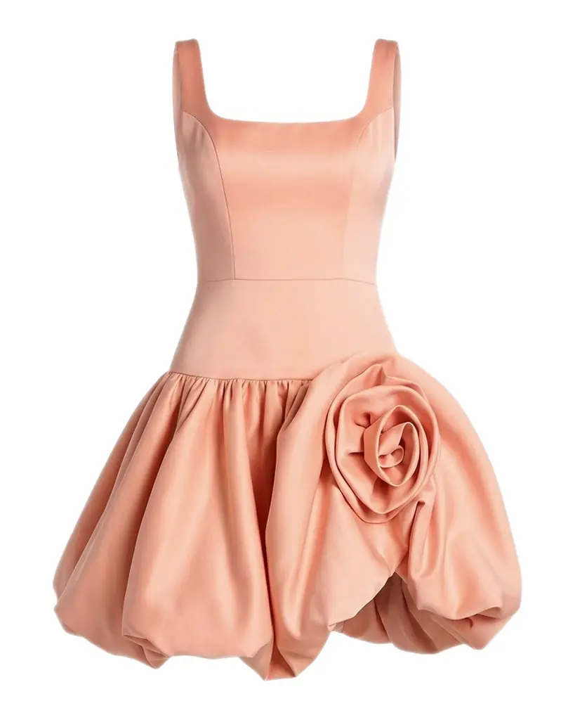 Mac Duggal Rosette Satin Bubble-Hem Mini Dress