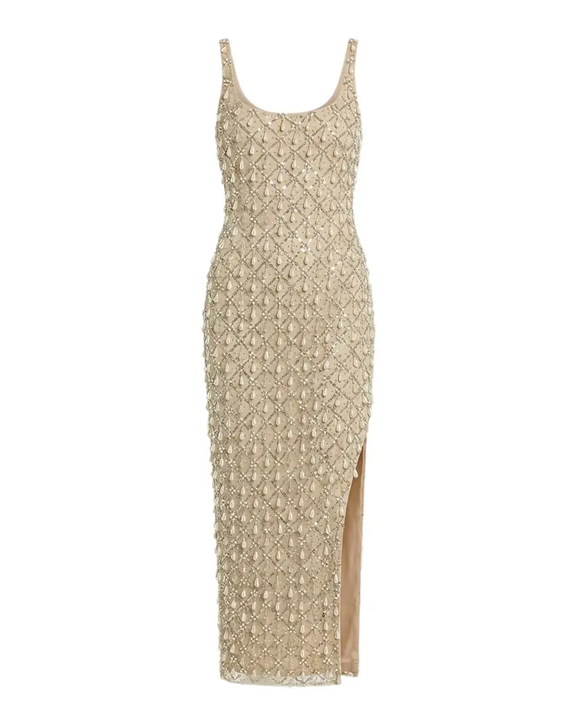 Mac Duggal Sleeveless Beaded Bodycon Mesh Midi Dress