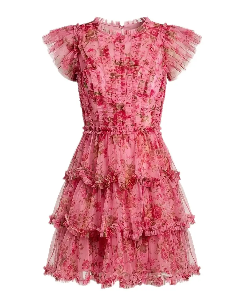 Mac Duggal Ruffled Floral Cap-Sleeve Mesh Mini Dress