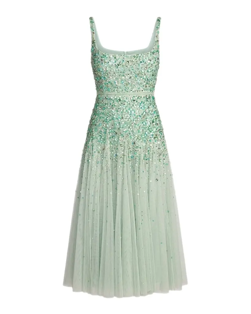 Mac Duggal Beaded Mesh Midi Dress