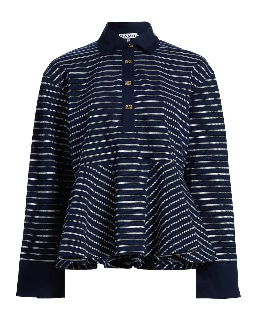 Ganni Striped Single Piqué Cotton Peplum Top