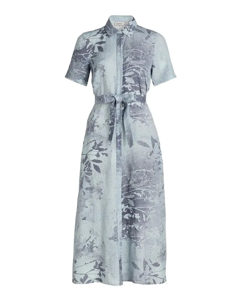 SIMKHAI Audria Floral Linen-Blend Belted Midi-Dress