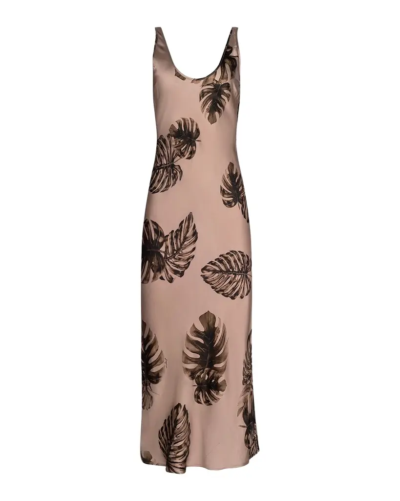 L 'Agence Akiya Leaf-Print Satin Tank Maxi Dress