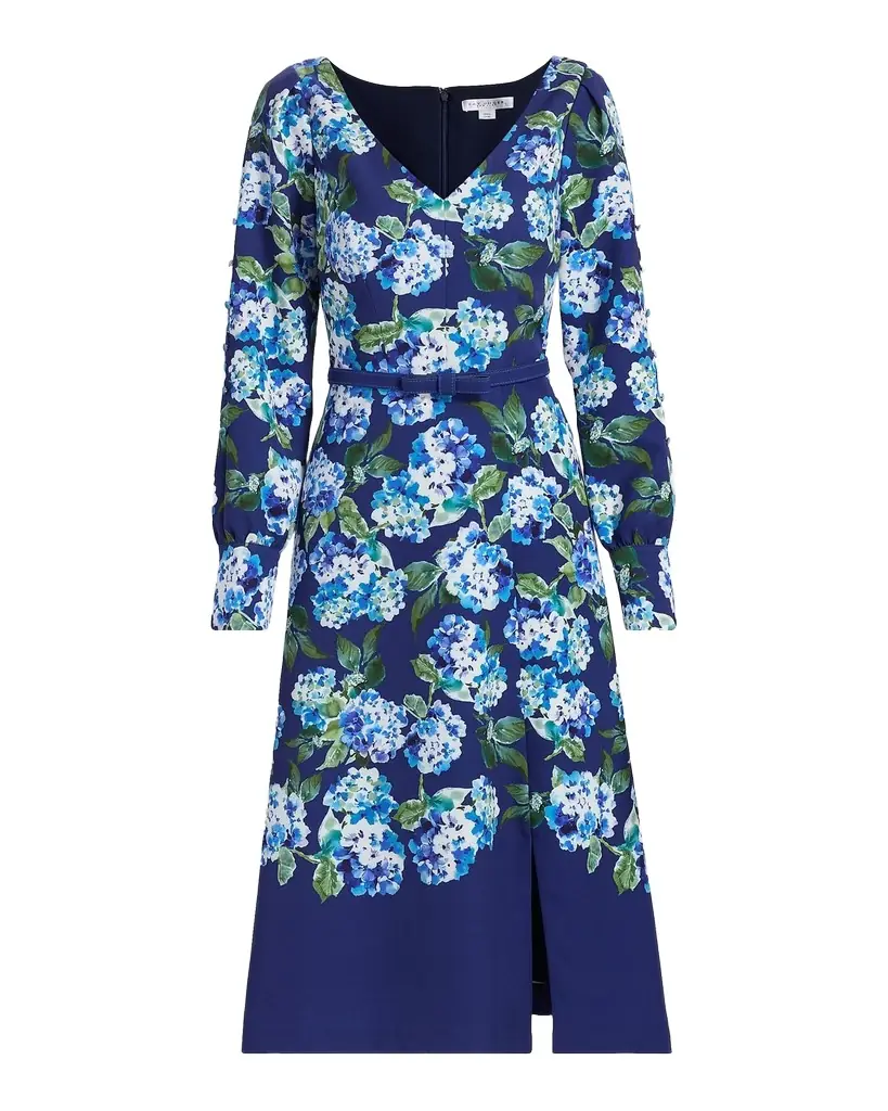 Kay Unger New York Briony Hydrangea Stretch Crepe Belted Midi-Dress