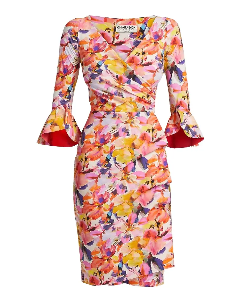 Chiara Boni La Petite Robe Triana Floral Stretch Bell-Sleeve Knee-Length Dress