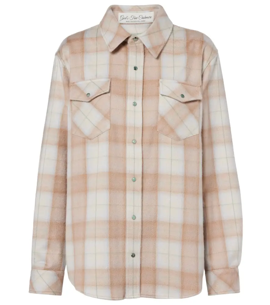 God's True Cashmere Champagne Tartan cashmere shirt with emerald