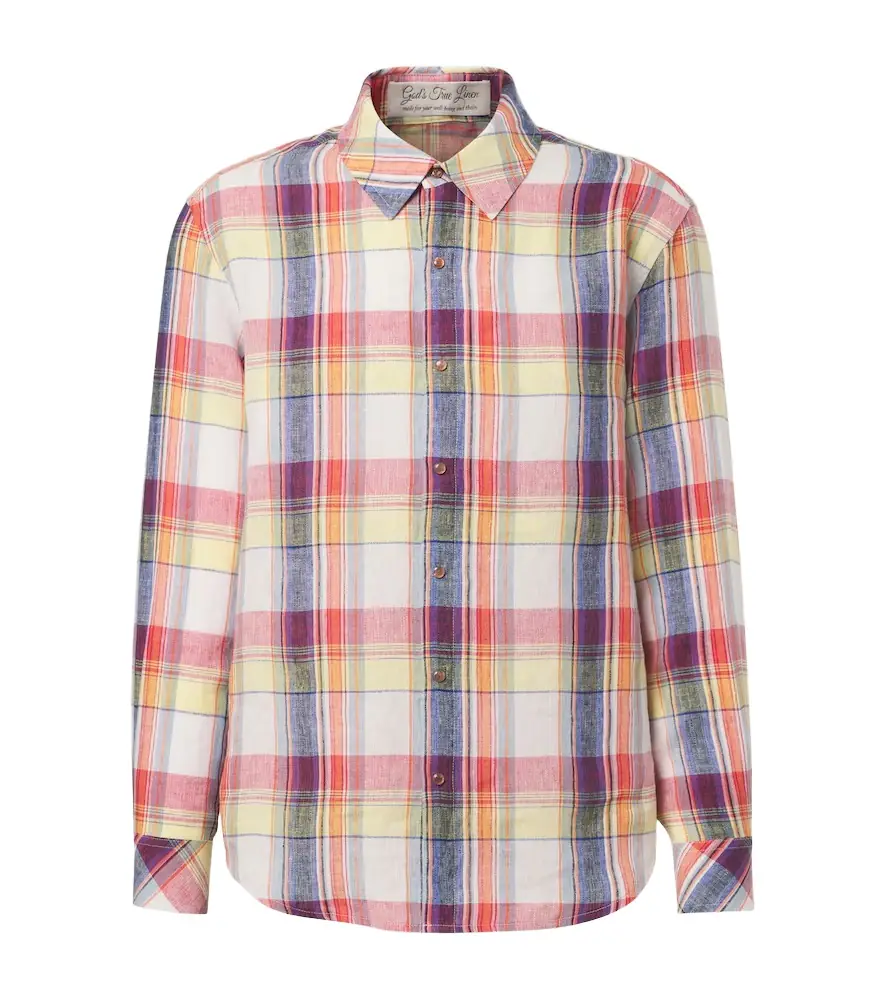 God's True Cashmere Daybreak plaid linen shirt with sunstone