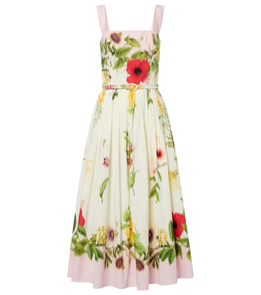 Oscar de la Renta Belted floral cotton-blend poplin midi dress