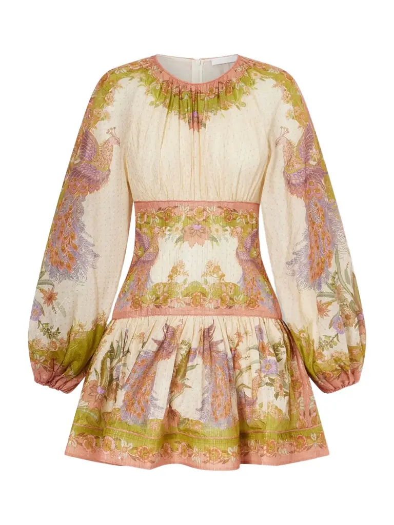 Zimmermann Indra Gathered Floral-print Metallic Cotton And Silk-blend Chartreuse Mini Dress