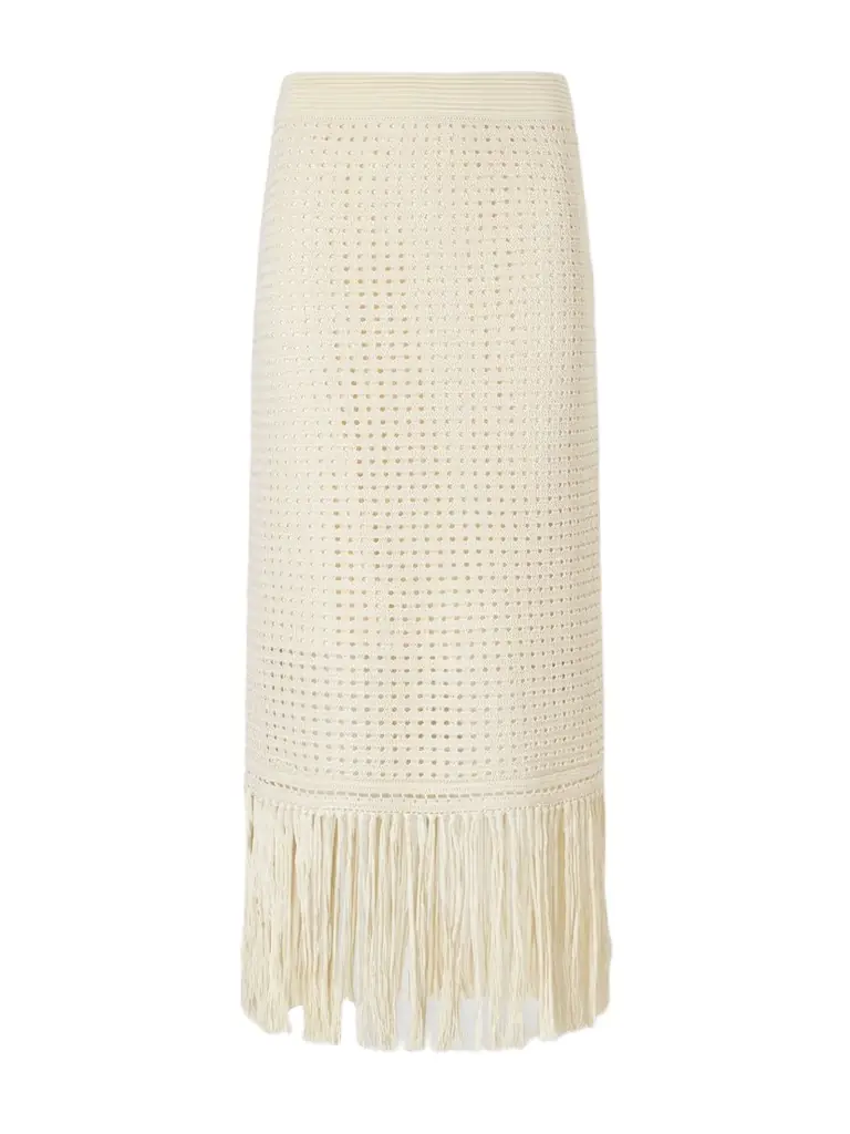 Indra Fringed Crocheted Cotton Maxi Skirt