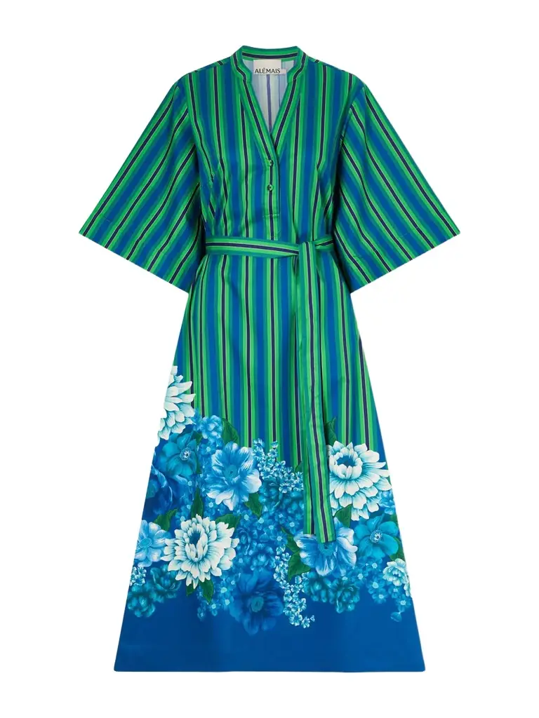 ALÉMAIS Margo Belted Striped Floral-print Organic Cotton-poplin Midi Dress