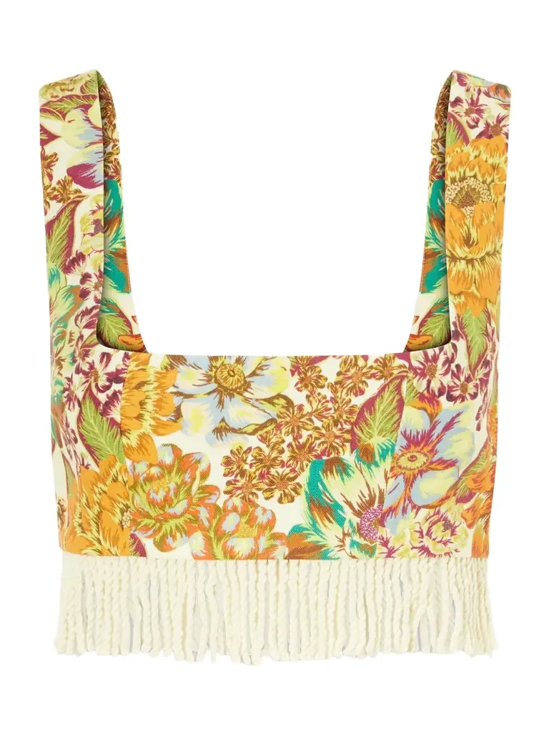 ALÉMAIS Fringed Cropped Floral-print Linen Top