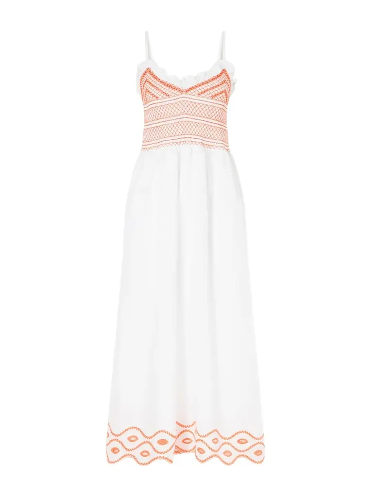 Loretta Caponi Bianca Ruffled Emrboidered Shirred Cotton-poplin Midi Dress