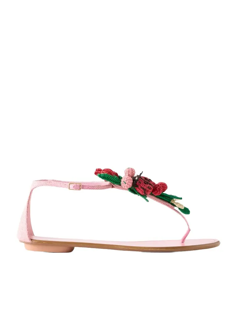 Aquazzura Botanica Embellished Leather And Raffia Thong Sandals