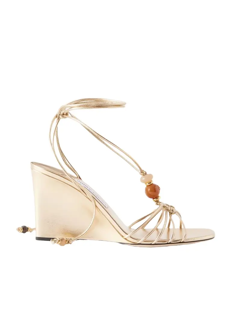 Jimmy Choo Lova 85 Embellished Metallic Leather Wedge Sandals