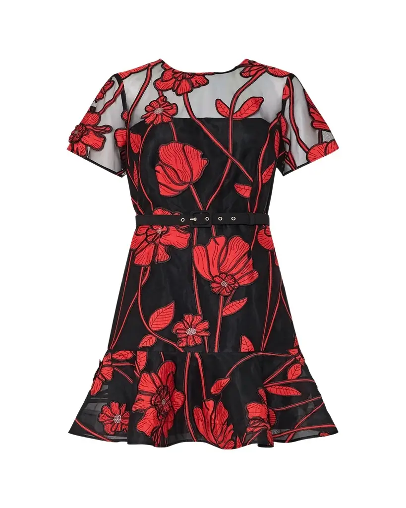 Milly Rosie Belted Floral-Embroidered Mini Dress