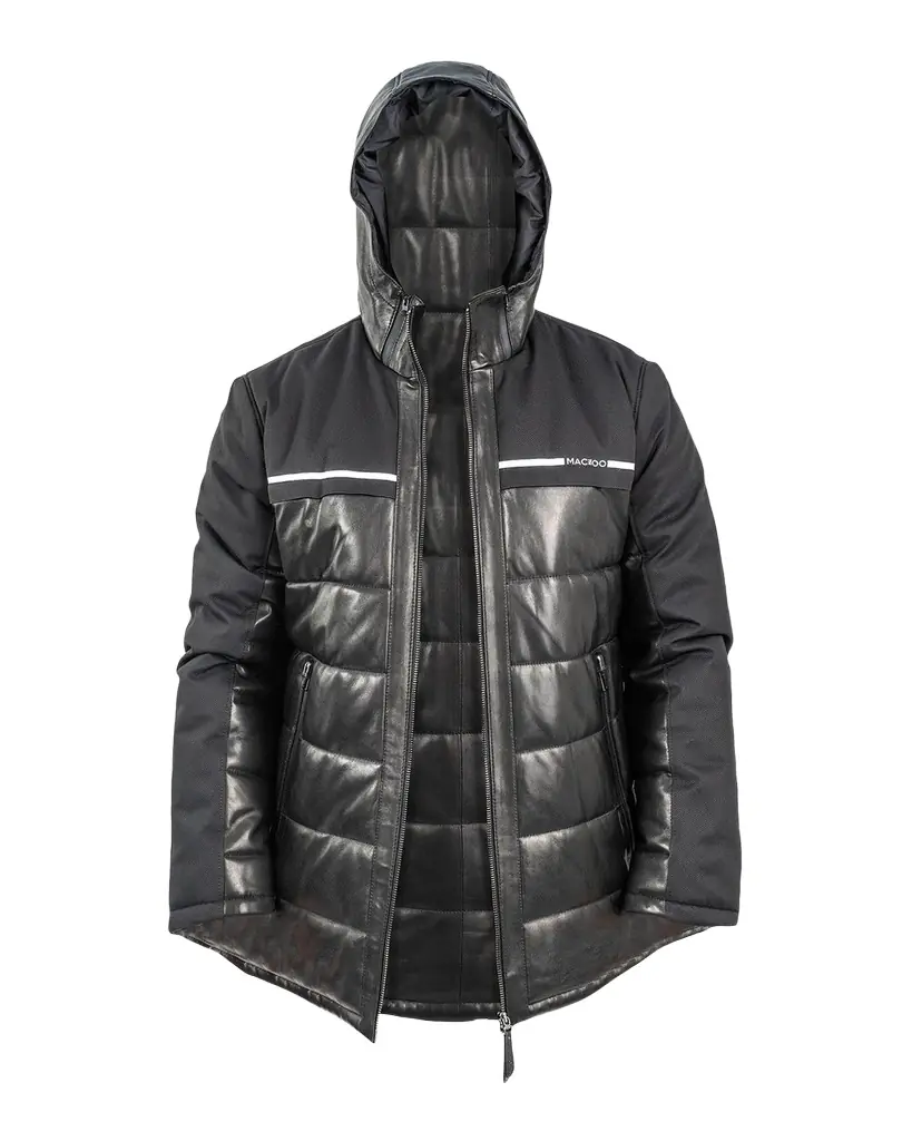 Maceoo Men 's Hybrid Leather Hooded Bomber Jacket