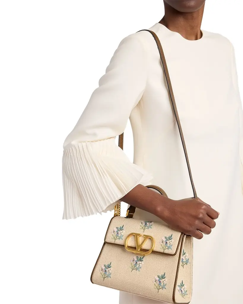 Valentino Garavani Small Floral-Embroidered Woven Flax Top-Handle Bag