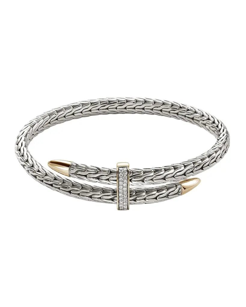 John Hardy Men 's Spear Flex Cuff in Sterling Silver with 14K Gold and Diamonds, 5.5mm
