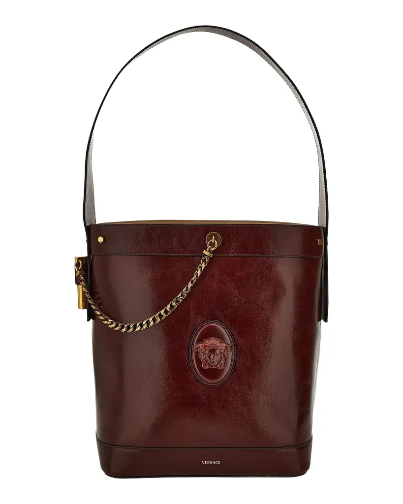 Versace Pivot Large Leather Bucket Bag with Chain