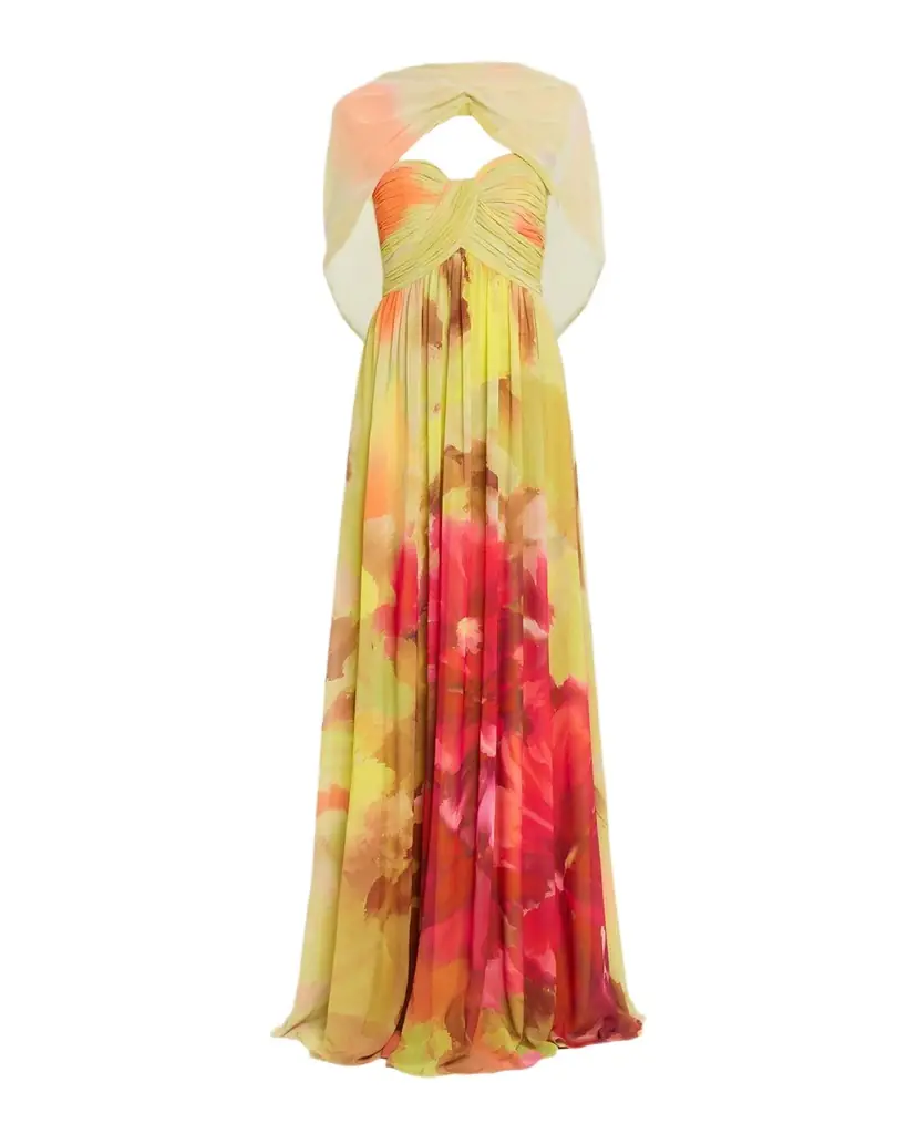 Badgley Mischka Draped Floral-Print Georgette Gown