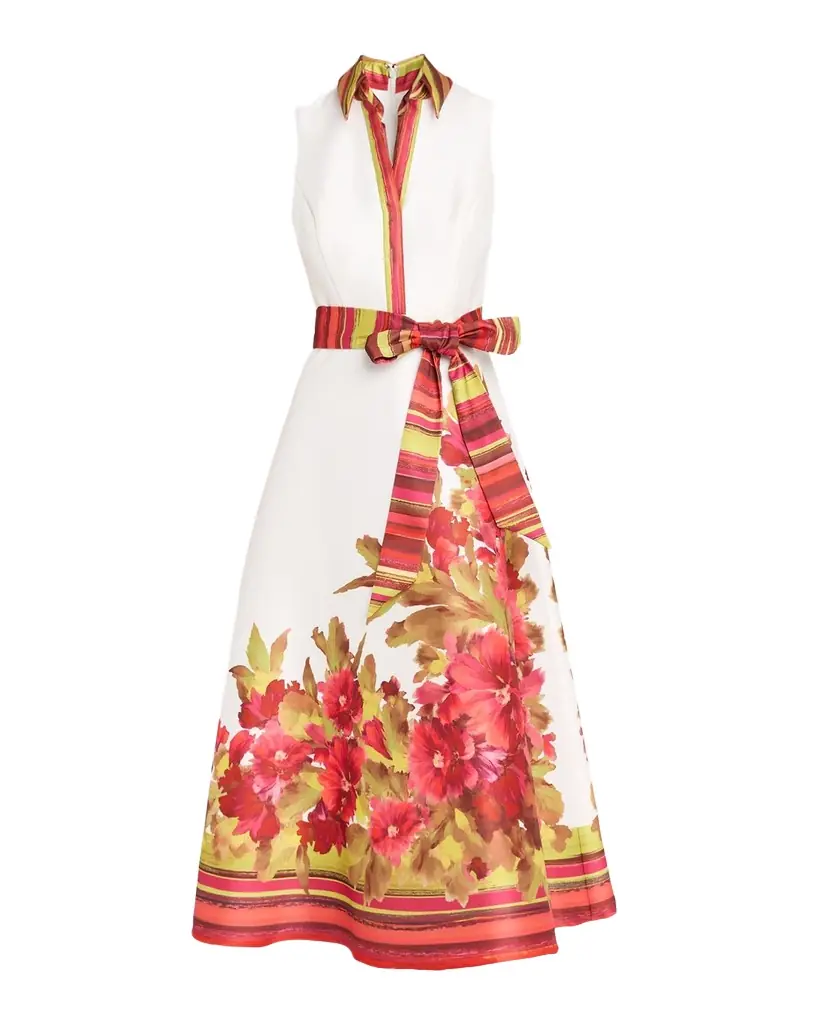 Badgley Mischka Sleeveless Floral-Print Mikado Midi Dress