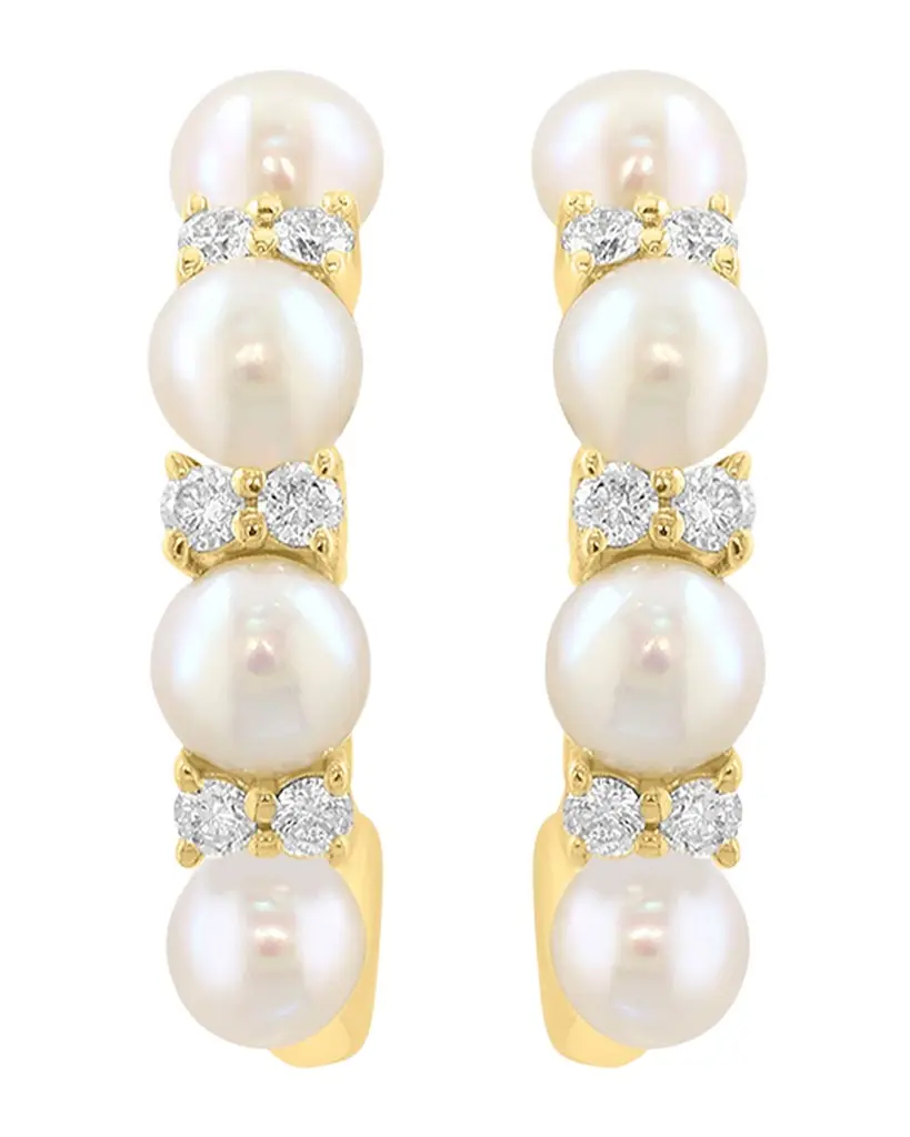 Neiman Marcus 18K Yellow Gold Diamond and Pearl Mini Hoop Earrings