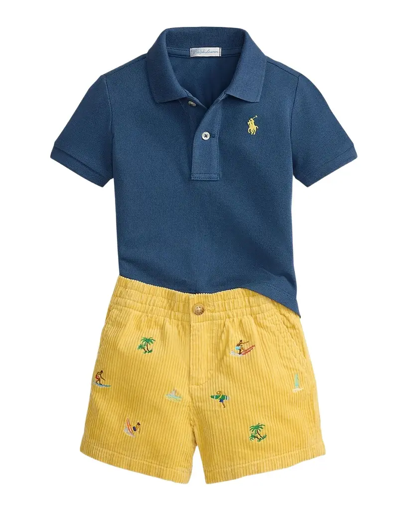 Polo Ralph Lauren Boy 's Cotton Mesh Polo Shirt & Corduroy Shorts Set, Size 3M-24M