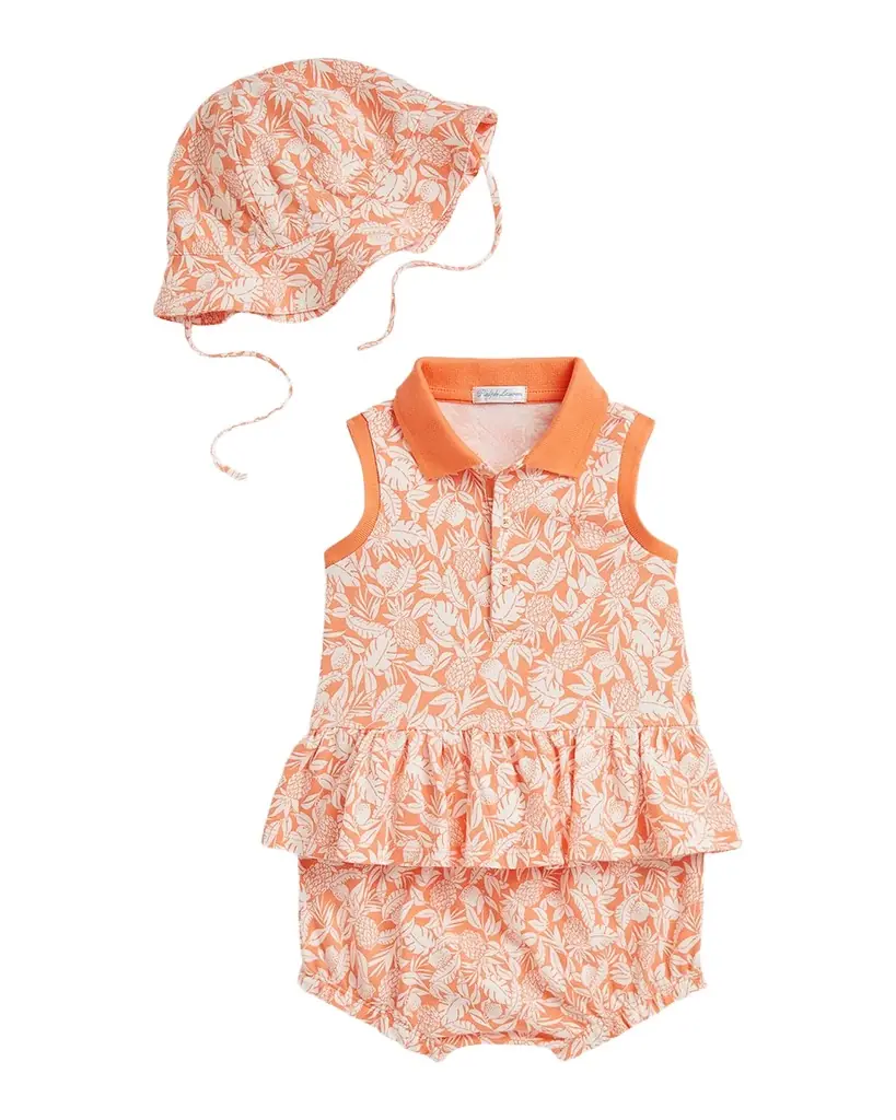 Polo Ralph Lauren Girl 's Mesh Polo Shirt, Bloomers & Hat Three-Piece Set, Size 3M-24M