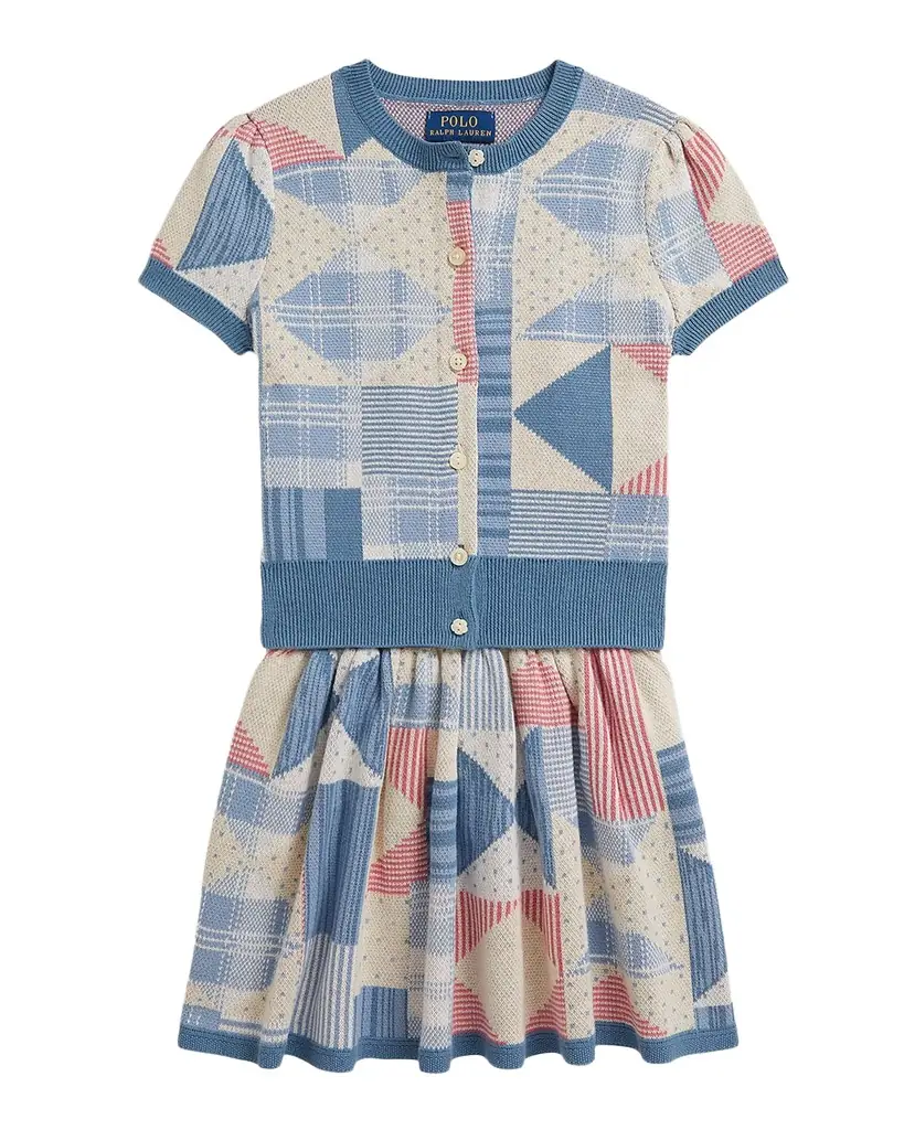 Polo Ralph Lauren Girl 's Patchwork Cotton Cardigan & Skirt Set, Size 2-