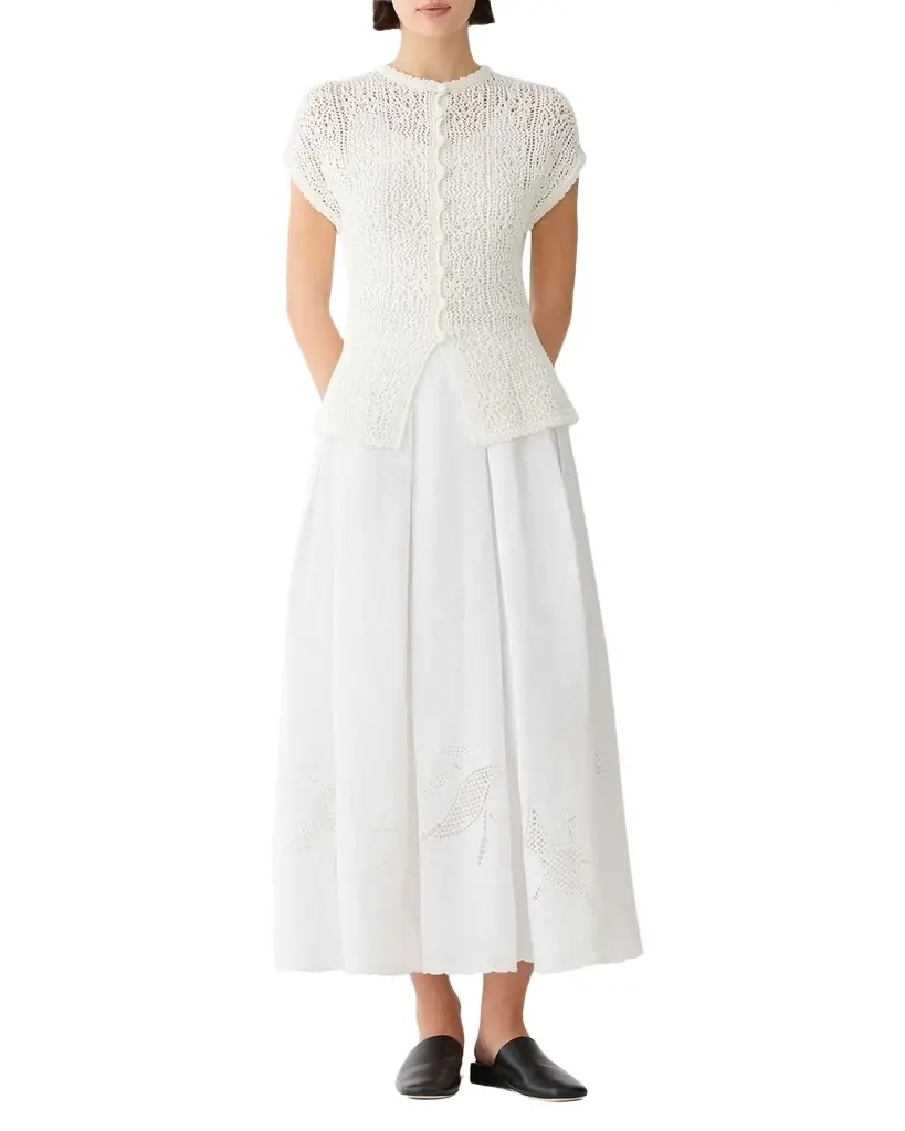 Lafayette 148 New York Pleated Cutout Embroidered Linen Maxi Skirt