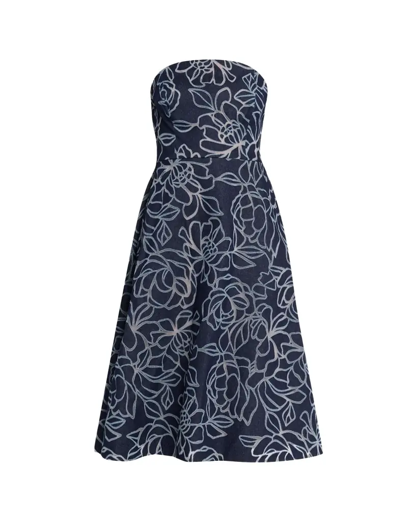 Rickie Freeman for Teri Jon Strapless Floral Burnout Denim Midi Dress
