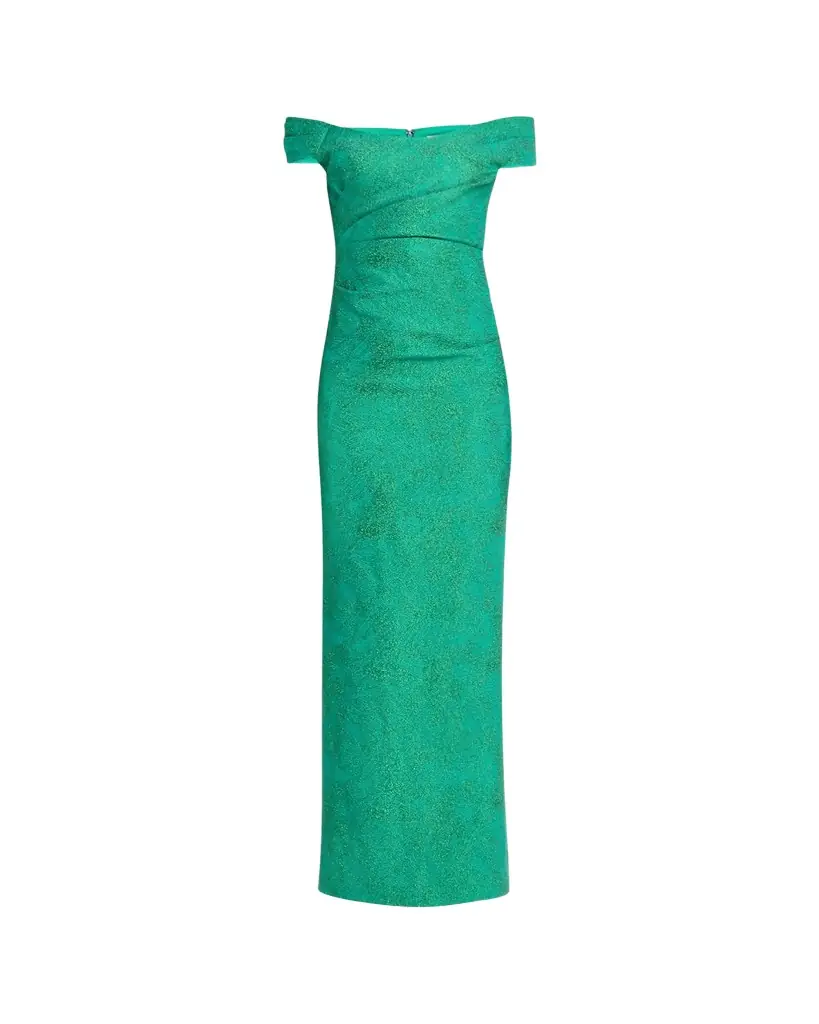 Rickie Freeman for Teri Jon Off-Shoulder Metallic Jacquard Column Gown