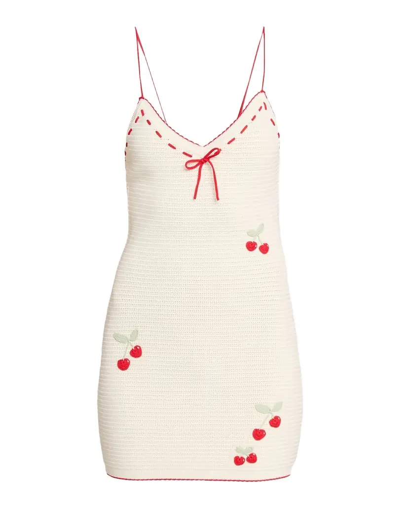 LoveShackFancy Yelena Cherry-Embroidered Crochet Mini Dress