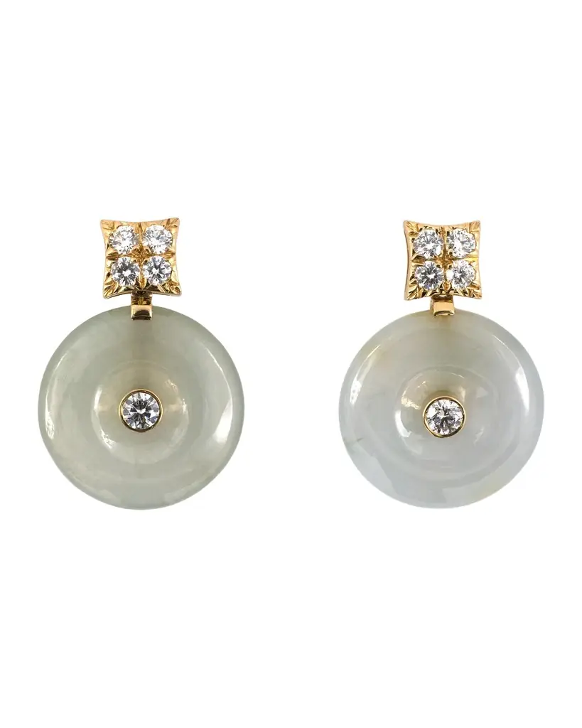 NM Estate Estate 18K Yellow Gold Diamond and Jadeite Disc Earrings