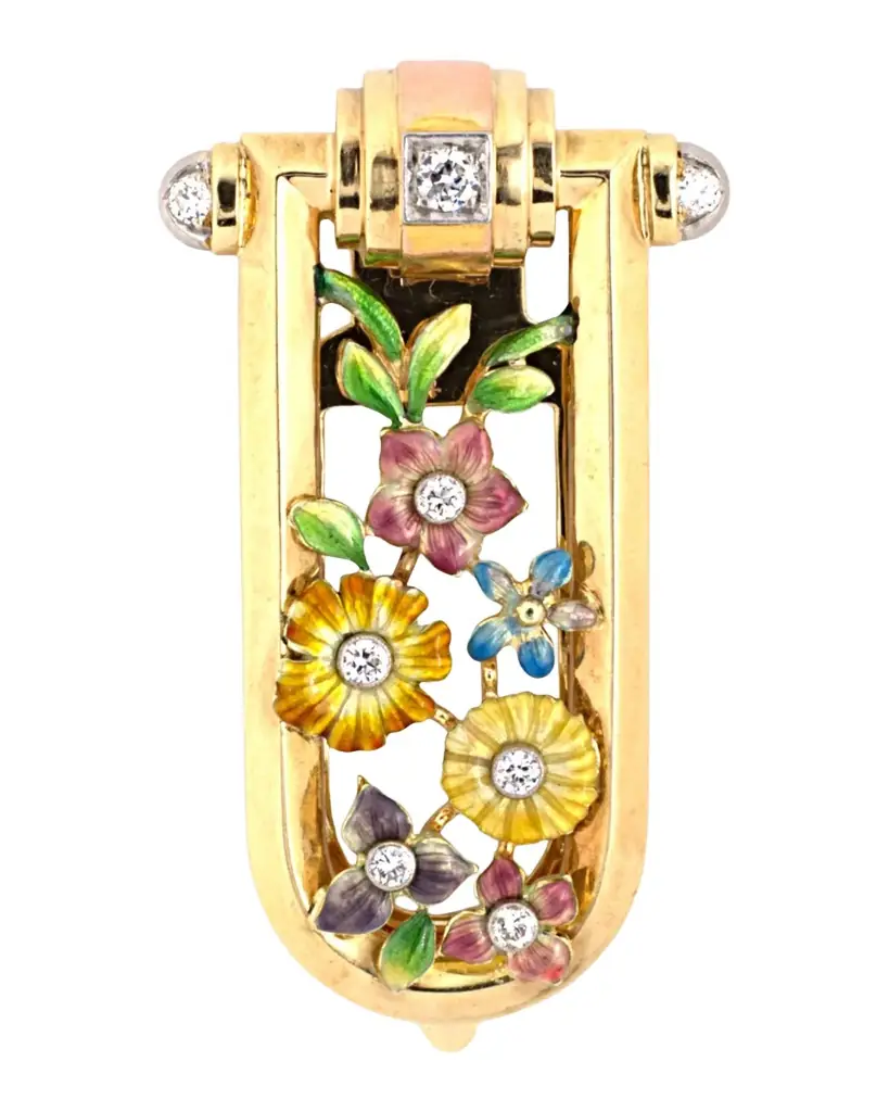 NM Estate Estate Bailey Banks & Biddle 14K Yellow Gold Diamond and Enamel Flower Clip Pin
