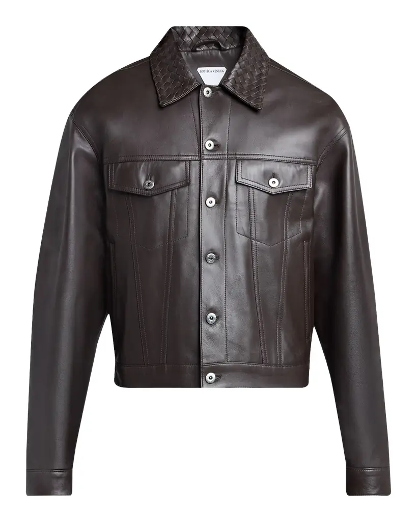 Bottega Veneta Men 's Intrecciato-Collar Leather Jacket
