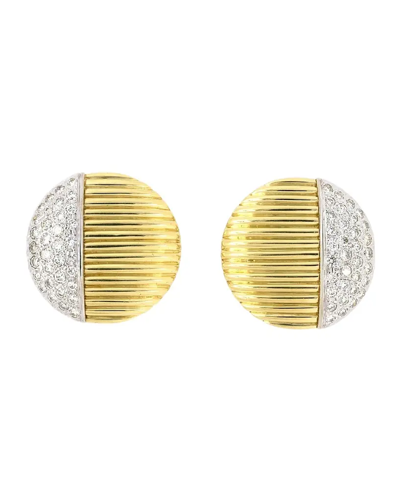 NM Estate Estate 18K and 14K Pave Diamond Corrugated Domed Disc Clip Earrings