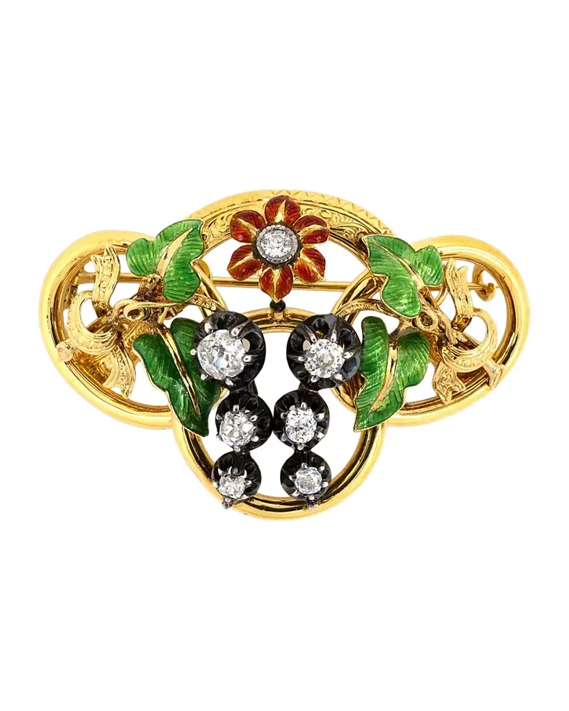NM Estate Estate 18K Yellow Gold Diamond and Enamel Victoria Chased Floral Pin Pendant
